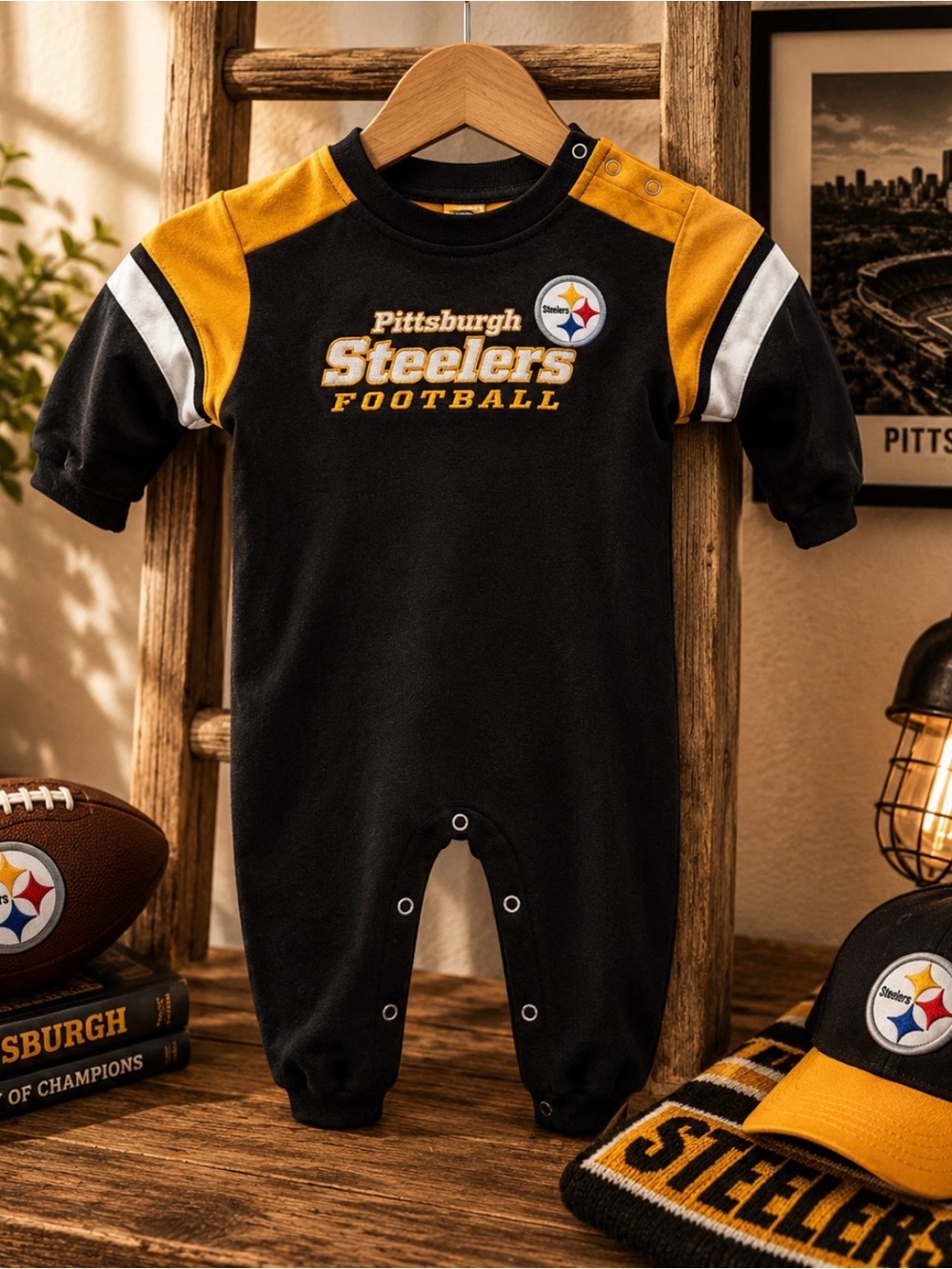 Pittsburgh Steelers Black and Gold Footies One Piece size 24 months